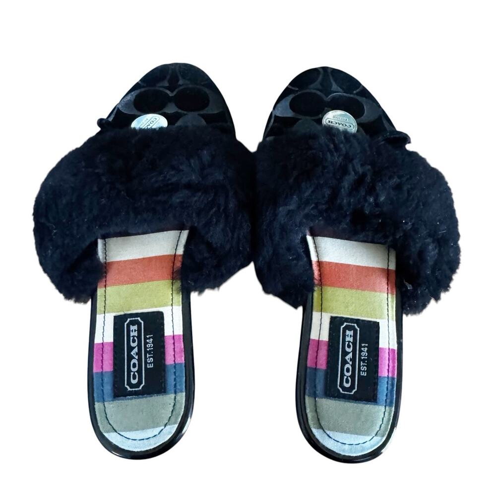 Coach Carra Black Logo Furry Slippers Size 6B - Picture 2 of 7